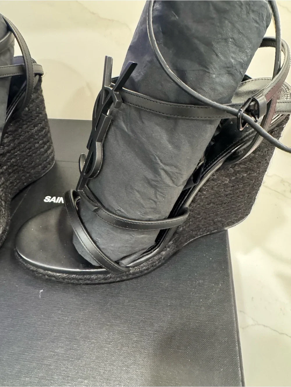 Yves Saint Laurent Black Logo Espadrille Sandals